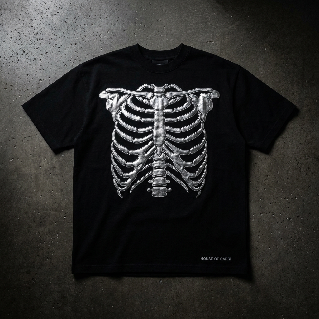CARRI 2E Illusions Skelly Tee — chrome ribcage on heavyweight black cotton